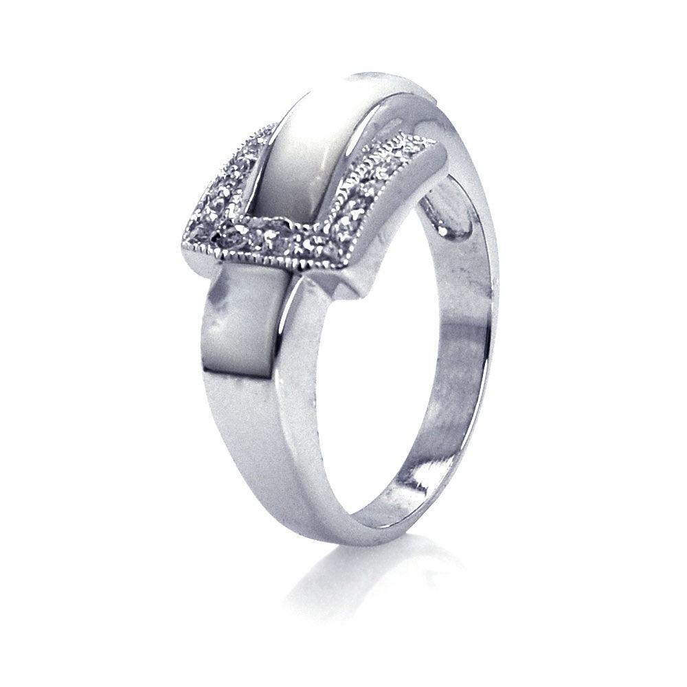 Sterling Silver 925 Rhodium Plated CZ Simulated Pearl Belt Buckle Ring Sizes 5-9