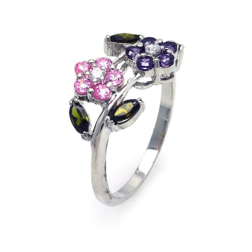 Sterling Silver 925 Rhodium Plated Multi Colored CZ Flower Band Ring Sizes 5-10