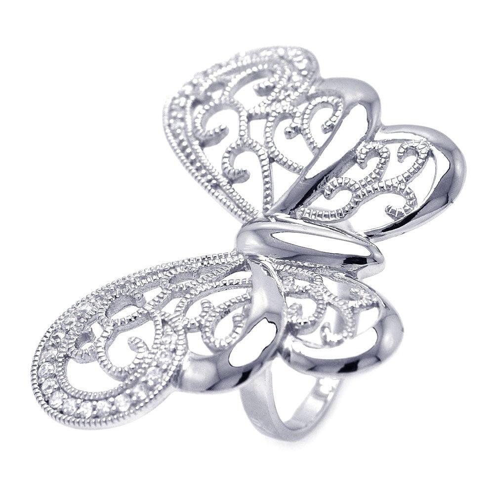Rhodium Plated Sterling Silver 925 CZ Large Butterfly Ring Band Sizes 5-9