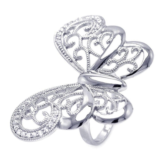 Rhodium Plated Sterling Silver 925 CZ Large Butterfly Ring Band Sizes 5-9