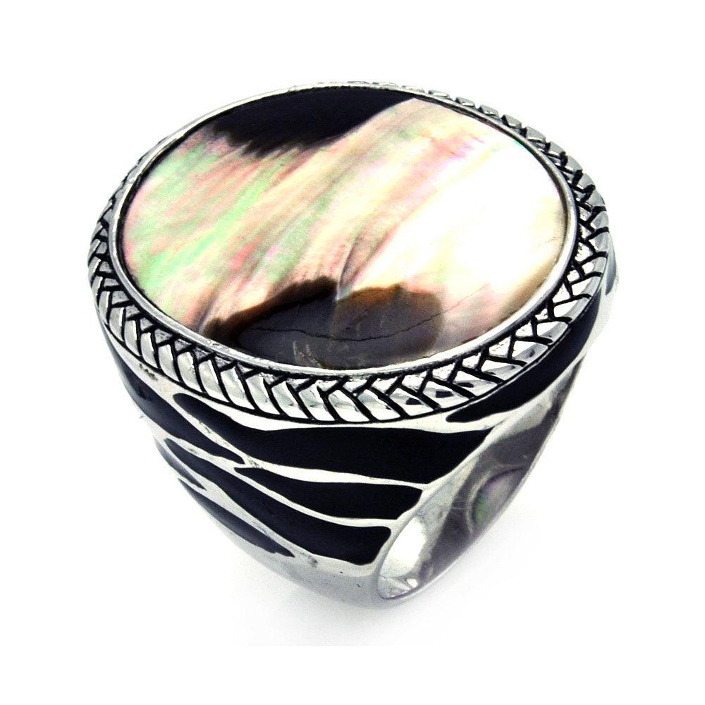 Sterling Silver 925 Rhodium Plated Dark Mother of Pearl Band Ring Sizes 5-9