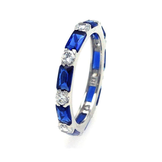 Rhodium Plated Sterling Silver 925 Blue & Clear CZ Eternity Ring Band Sizes 5-10
