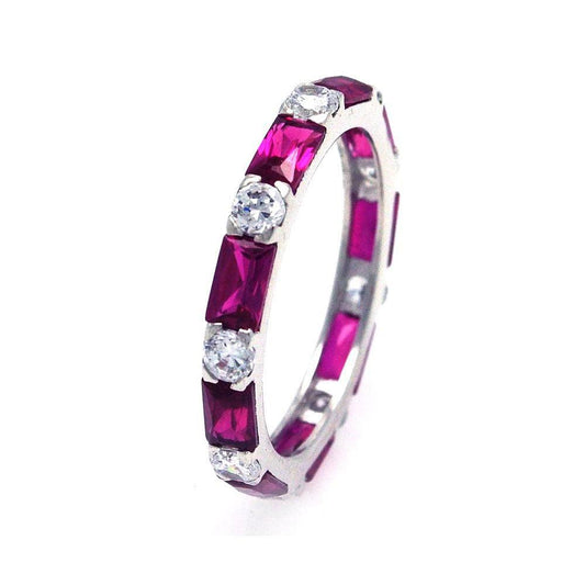 Sterling Silver Rhodium Plated Red Baguette Clear CZ Eternity Ring Sizes 5-10