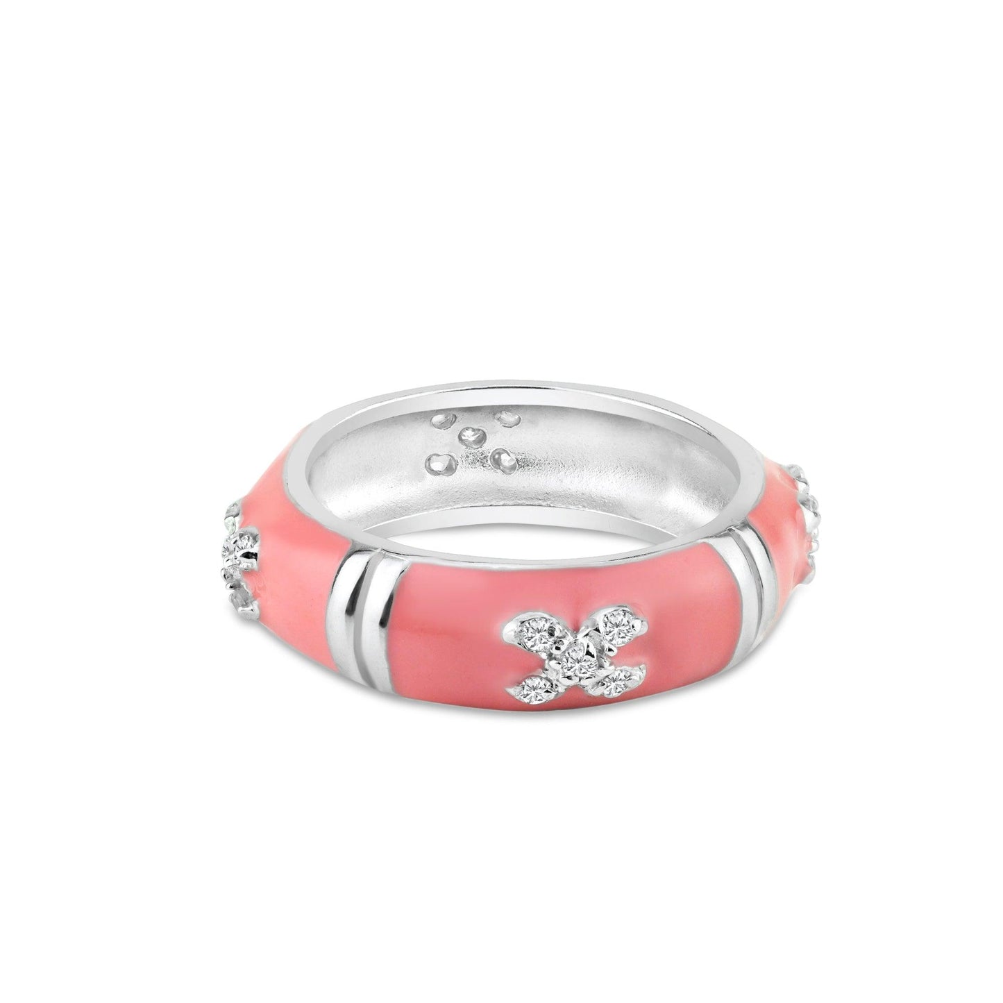 Rhodium Plated Sterling Silver 925 Pink Enamel Clear CZ Kiss X Ring Sizes 5-9