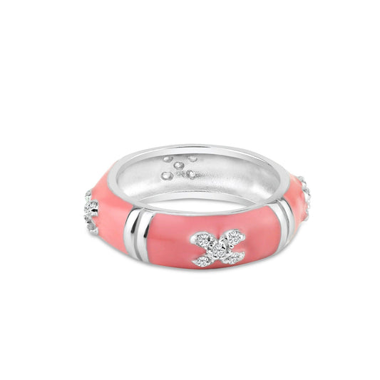 Rhodium Plated Sterling Silver 925 Pink Enamel Clear CZ Kiss X Ring Sizes 5-9