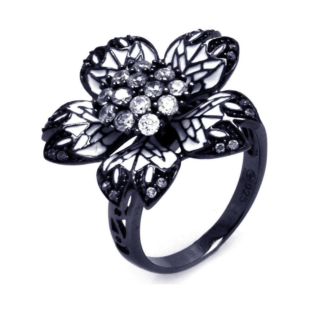 Sterling Silver Black Rhodium Plated White Enamel Clear CZ Flower Ring Sizes 5-9
