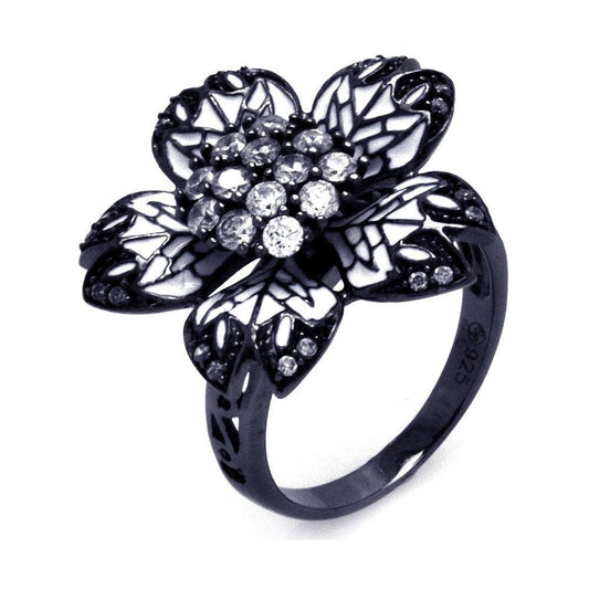 Sterling Silver Black Rhodium Plated White Enamel Clear CZ Flower Ring Sizes 5-9