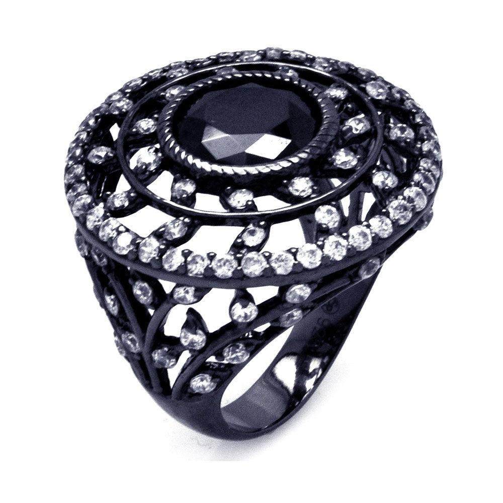 Sterling Silver 925 Black Rhodium Plated Black Clear CZ Round Ring Sizes 6-9