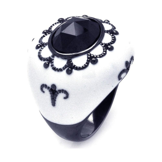 Sterling Silver 925 Black Rhodium Plated White Enamel Black CZ Ring Sizes 6-9