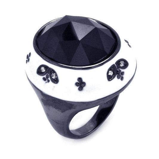 Sterling Silver Black Rhodium Plated White Enamel Black CZ Dome Ring Sizes 6-9
