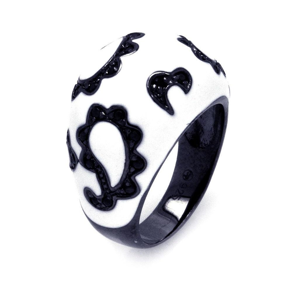Sterling Silver 925 Black Rhodium Plated White Enamel Paisley CZ Ring Sizes 5-9