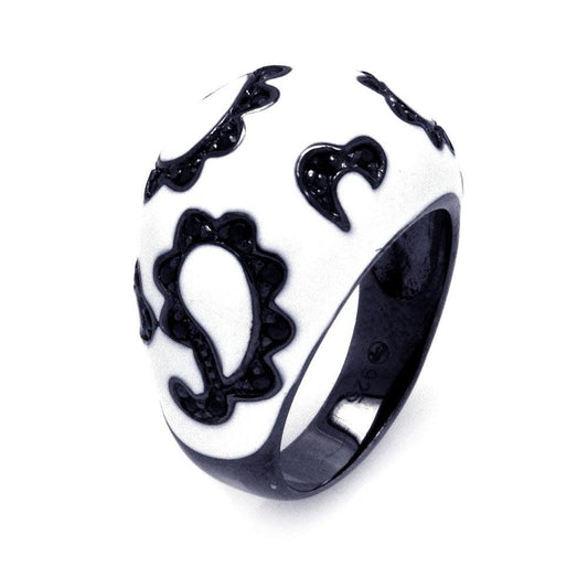 Sterling Silver 925 Black Rhodium Plated White Enamel Paisley CZ Ring Sizes 5-9