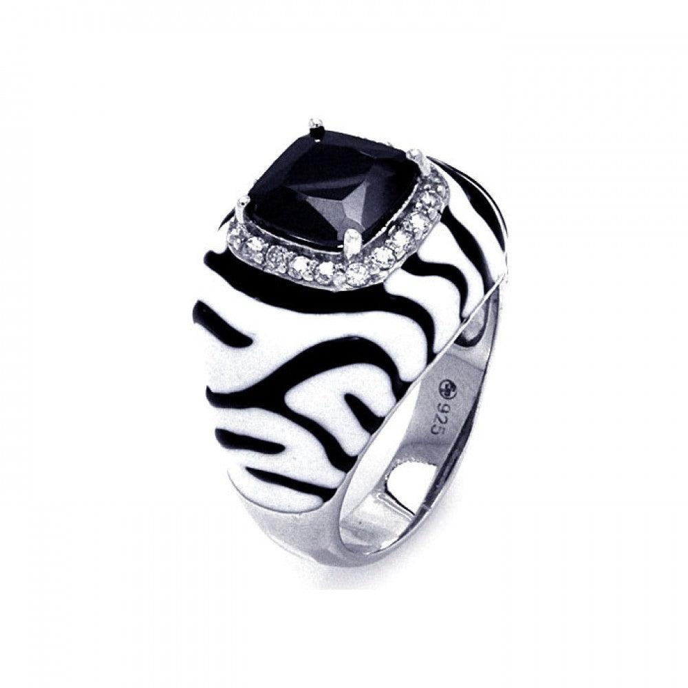 Sterling Silver 925 Rhodium Plated Enamel Black White CZ Zebra Ring Sizes 6-9