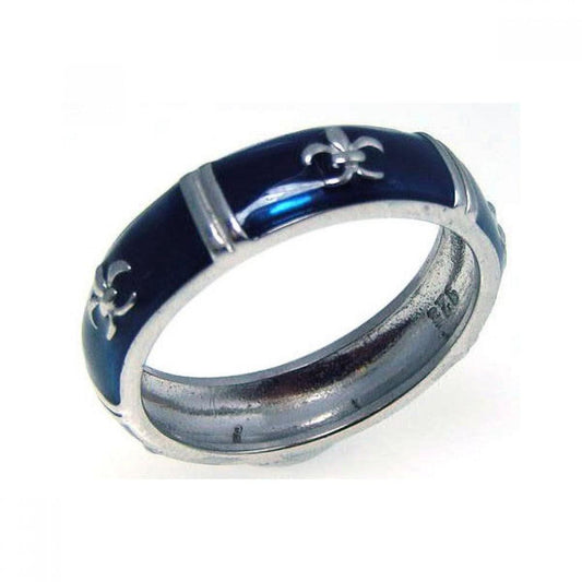 Rhodium Plated Sterling Silver Blue Enamel Fleur De Lis Eternity Ring Sizes 5-10