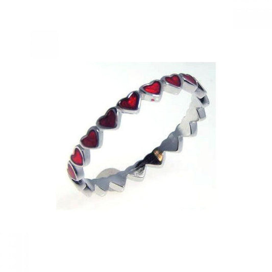 Rhodium Plated Sterling Silver 925 Red Enamel Eternity Heart Ring Band Sizes 5-9