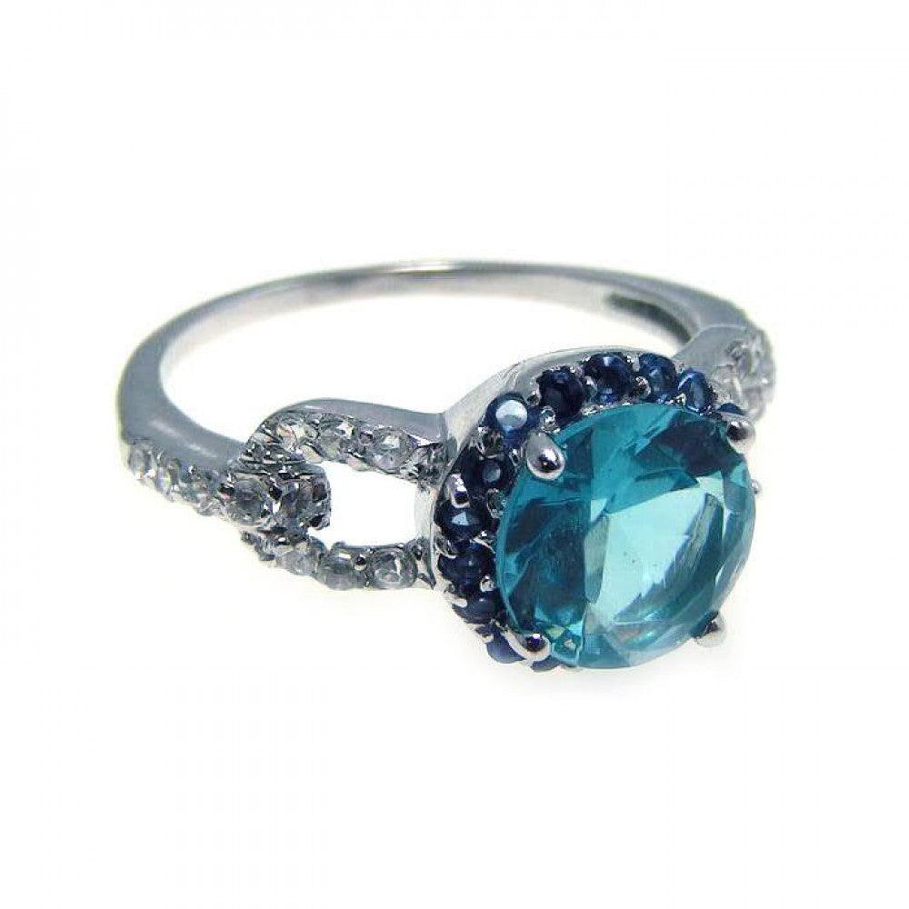 Rhodium Plated Sterling Silver 925 Blue Center Cluster Clear CZ Ring Sizes 5-9