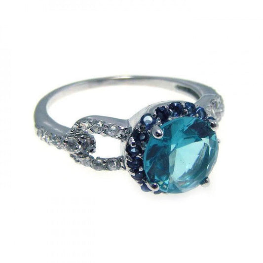 Rhodium Plated Sterling Silver 925 Blue Center Cluster Clear CZ Ring Sizes 5-9