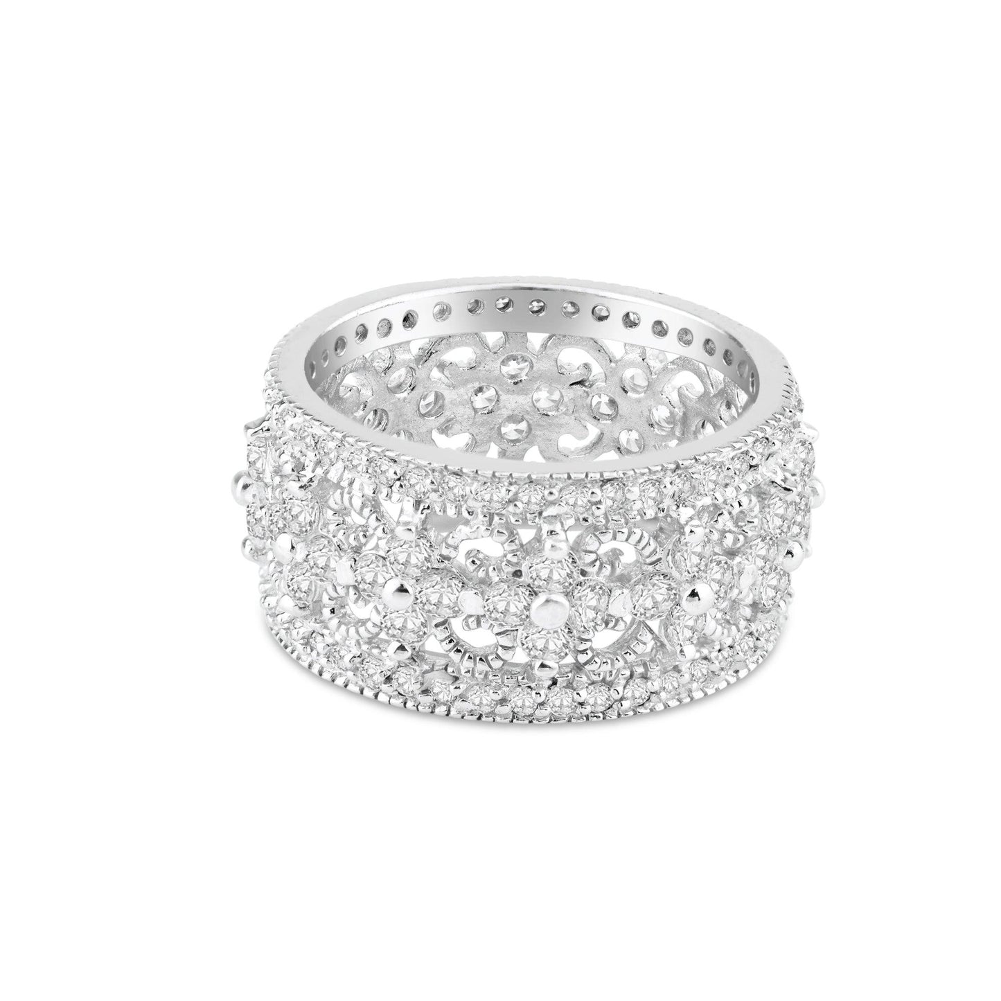 Sterling Silver 925 CZ Vintage Flower Wide Filigree New Eternity Ring Sizes 5-10