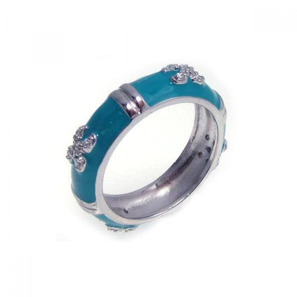 Sterling Silver 925 Rhodium Plated Aqua Enamel CZ Eternity Cross Ring Sizes 5-9