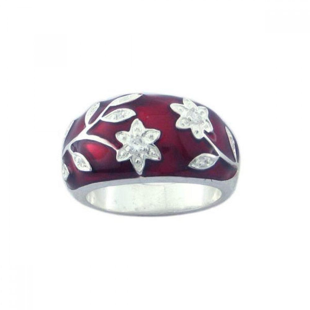 Sterling Silver 925 Rhodium Plated Red Enamel CZ Flower Nature Ring Sizes 5-10