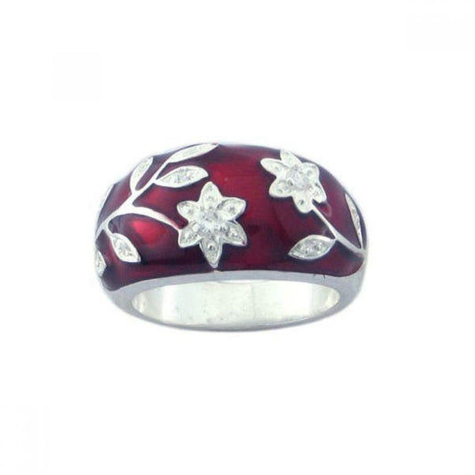 Sterling Silver 925 Rhodium Plated Red Enamel CZ Flower Nature Ring Sizes 5-10