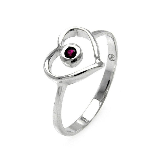 Sterling Silver Rhodium Plated Small Red CZ Open Heart Promise Ring Sizes 5-9