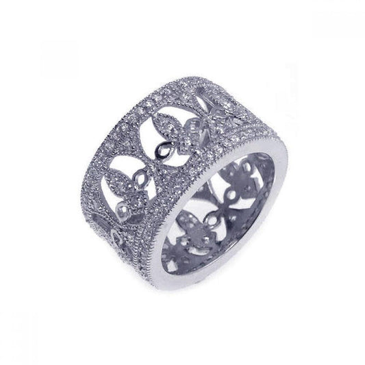 Sterling Silver 925 Rhodium Plated CZ Fleur De Lis Eternity Wide Ring Sizes 5-9