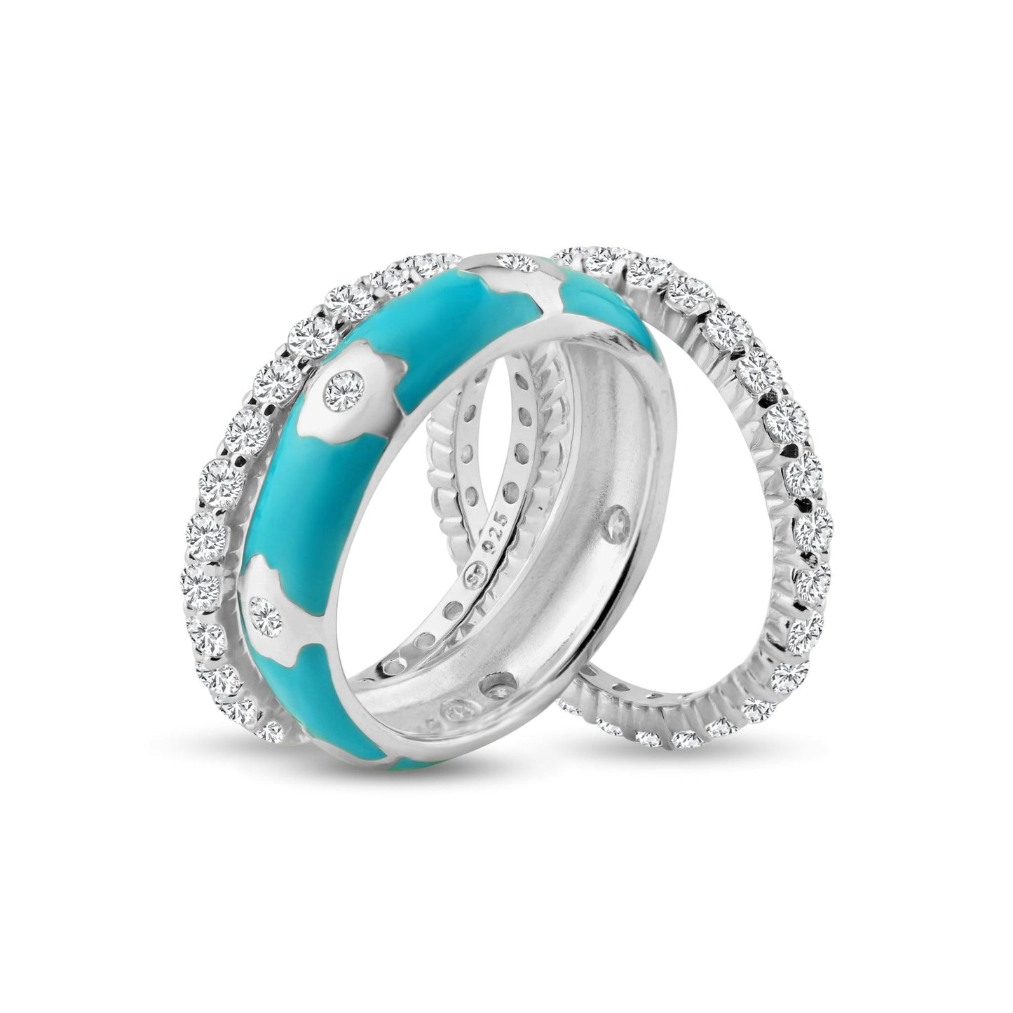 Sterling Silver 925 Blue Enamel CZ Flower Stackable Wedding Ring Set Sizes 5-9