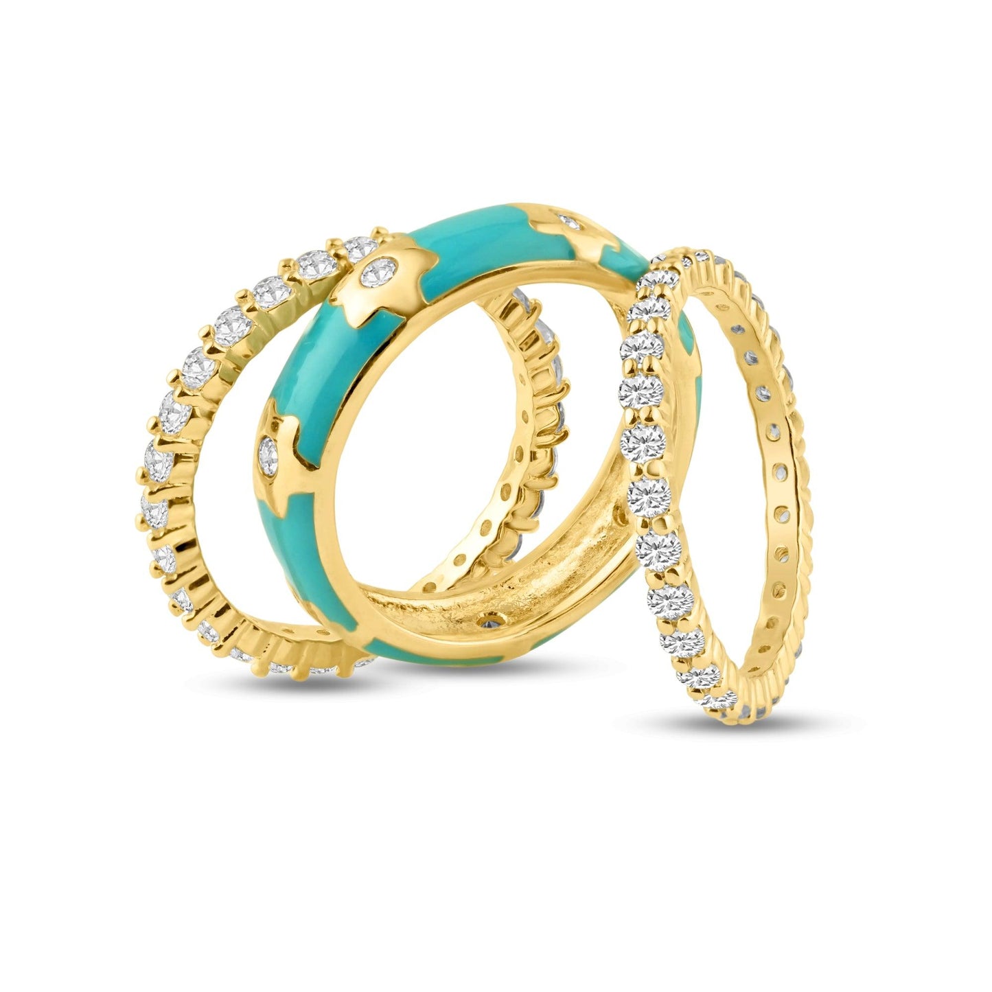 Sterling Silver Gold Plated Blue Enamel CZ Flower Stackable Ring Set Sizes 5-10