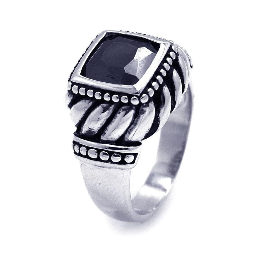 Sterling Silver 925 Rhodium Plated Black Square CZ Oxidized Bali Ring Sizes 5-9