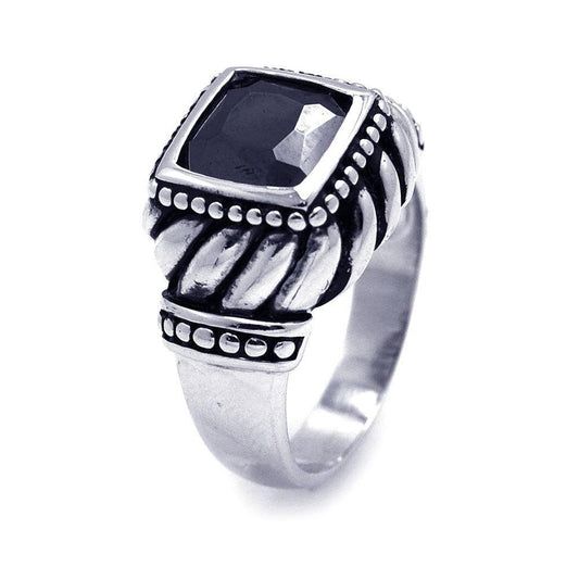 Sterling Silver 925 Rhodium Plated Black Square CZ Oxidized Bali Ring Sizes 5-9