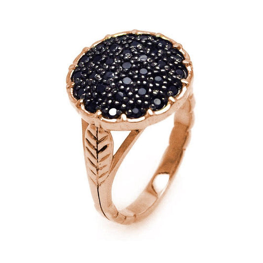 Sterling Silver 925 Rose Gold Plated Black CZ Circle Leaf Round Ring Sizes 5-8