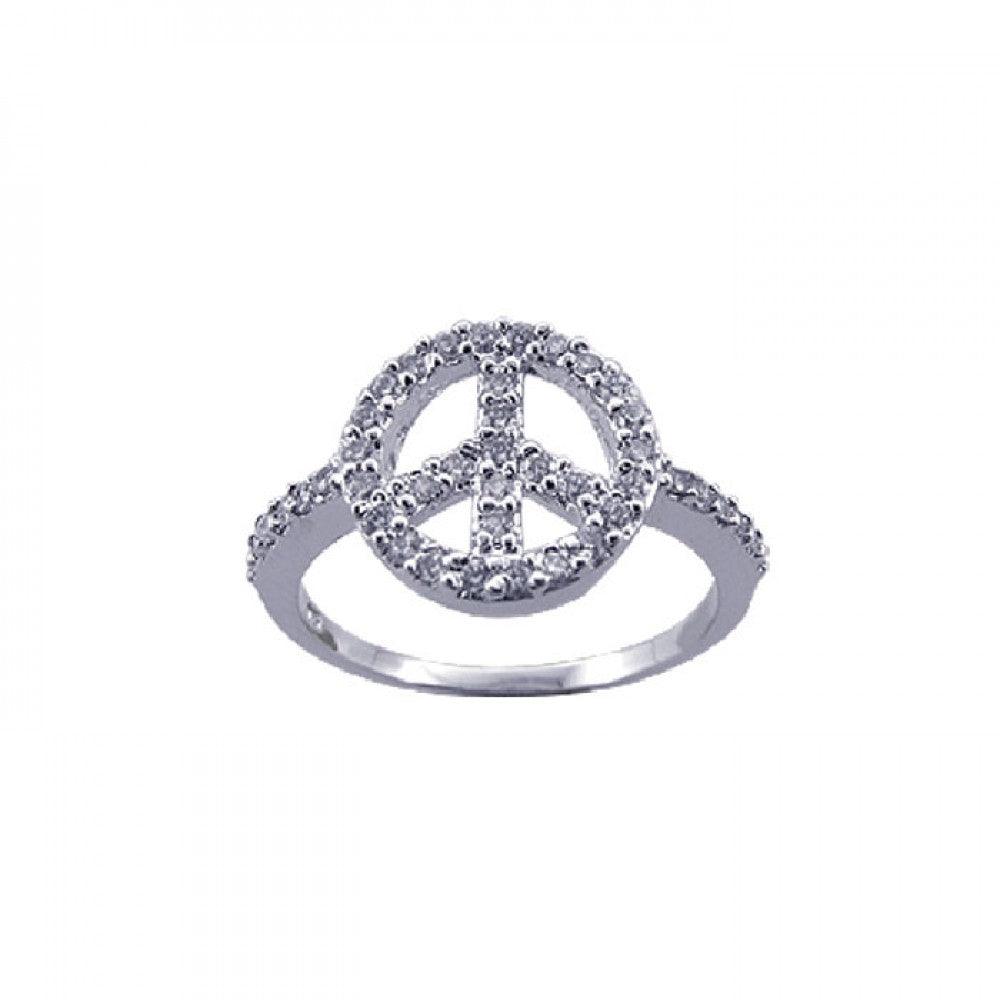 Sterling Silver Rhodium Plated White CZ Peace Sign Hippie Love Ring Sizes 5-9