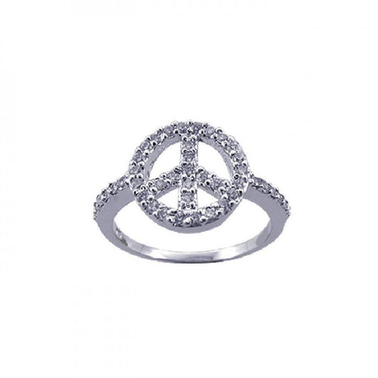 Sterling Silver Rhodium Plated White CZ Peace Sign Hippie Love Ring Sizes 5-9