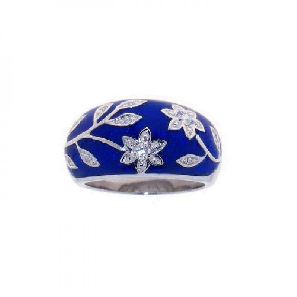 Sterling Silver 925 Rhodium Plated Blue Enamel CZ Flower Floral Ring Sizes 5-9