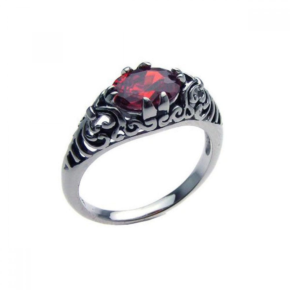 Sterling Silver 925 Rhodium Plated Red CZ Antiqued Biker Dragon Ring Sizes 5-10