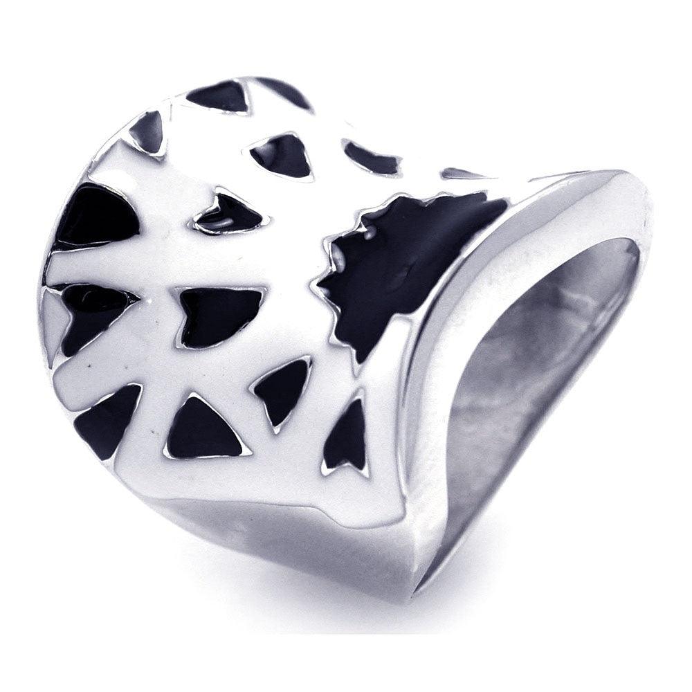 Sterling Silver 925 Rhodium Plated Black White Enamel Wide Large Ring Sizes 5-8