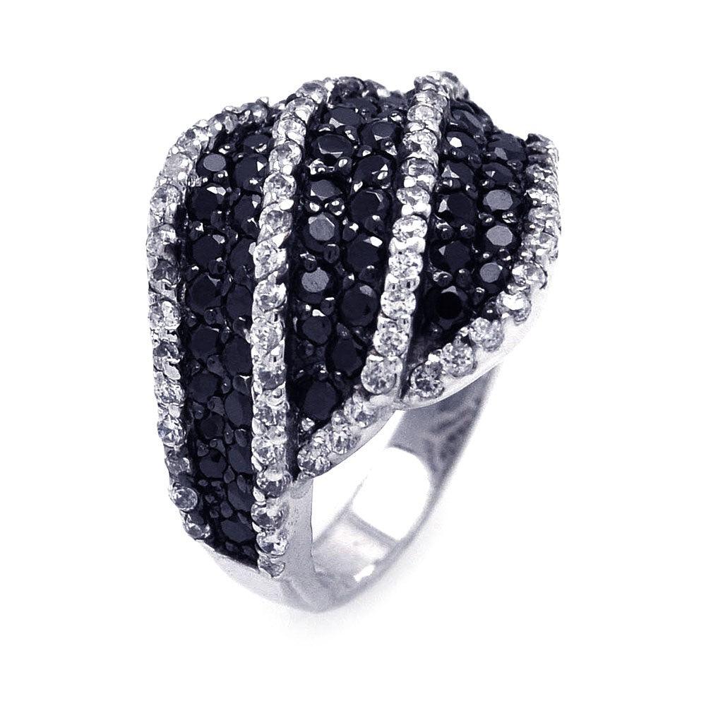 Sterling Silver 925 Rhodium Plated Wave Black Clear CZ Stripe Ring Sizes 5-9