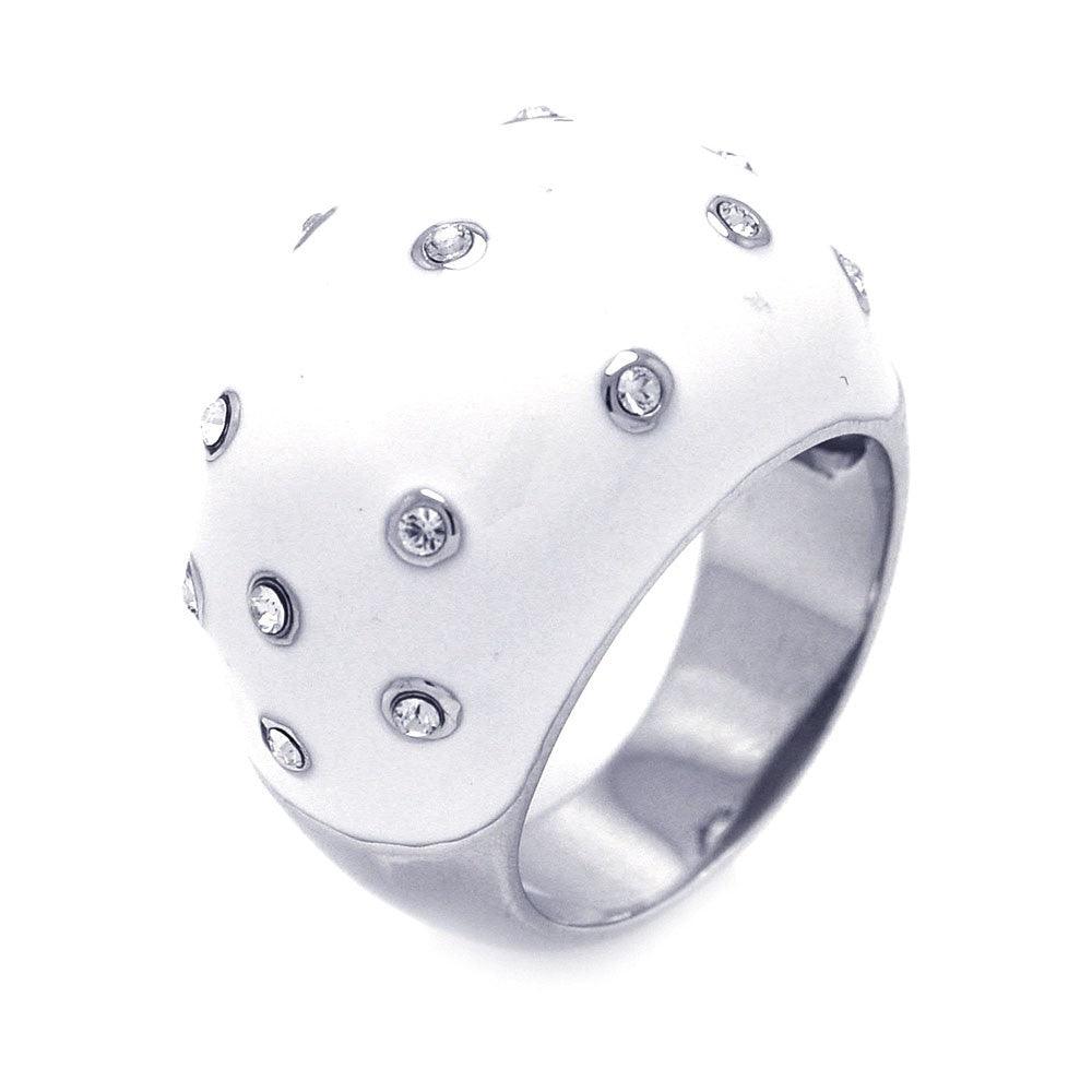 Sterling Silver 925 Rhodium Plated White Enamel CZ Dotted Dome Ring Sizes 5-9