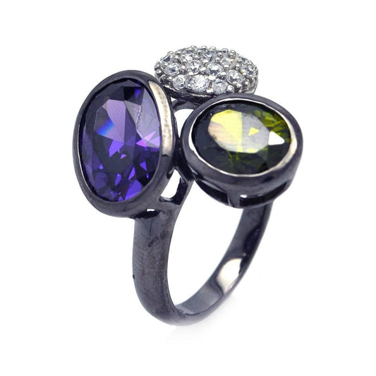 Sterling Silver 925 Dark Rhodium Plated Purple Green Clear CZ Ring Sizes 5-8