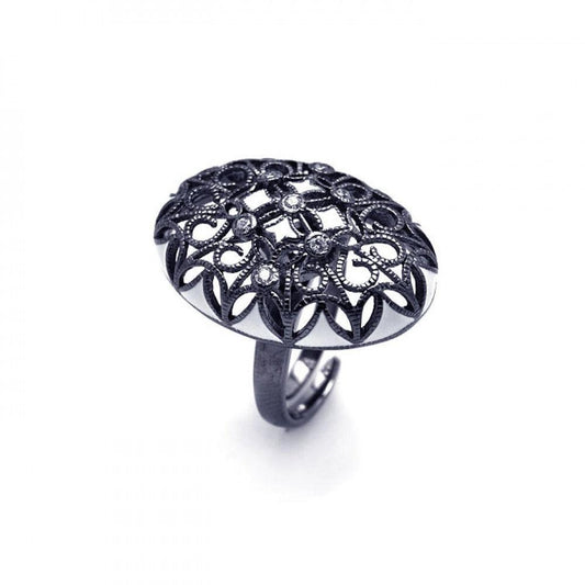 Sterling Silver 925 Black Rhodium Plated Clear CZ Oval Flower Ring Sizes 5-8