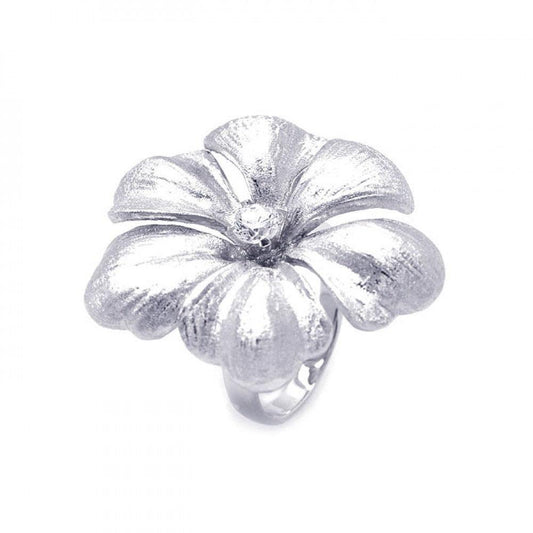 Rhodium Plated Sterling Silver 925 Matte Finish Single CZ Flower Ring Sizes 5-9