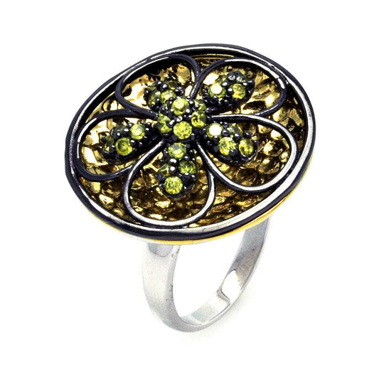 Sterling Silver 925 Black Rhodium Gold Plated Yellow CZ Flower Ring Sizes 6-9