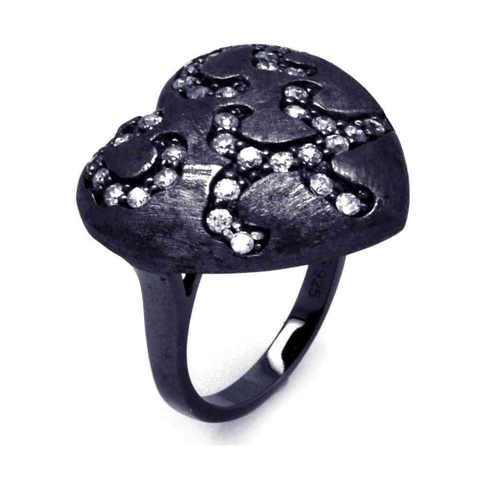Sterling Silver 925 Black Rhodium Plated Matte Finish CZ Heart Ring Sizes 5-9