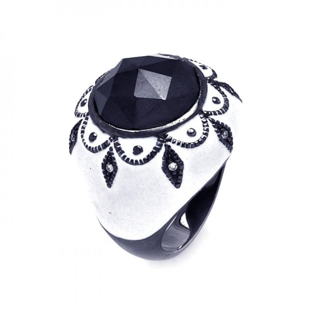 Sterling Silver 925 Black Rhodium Plated White Enamel CZ Dome Ring Sizes 6-9