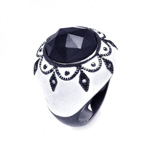 Sterling Silver 925 Black Rhodium Plated White Enamel CZ Dome Ring Sizes 6-9