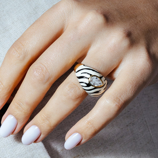 Sterling Silver 925 Gold Plated Enamel Pear CZ Zebra Stripe Dome Ring Sizes 5-9