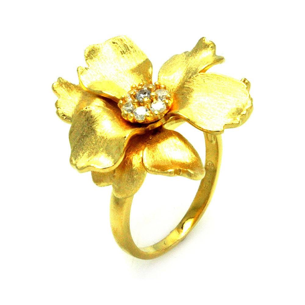 Gold Plated Matte Finish Sterling Silver 925 Clear CZ Flower Ring Band Sizes 5-9