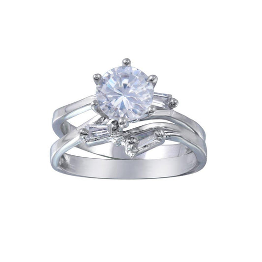 Rhodium Plated Sterling Silver 925 Clear CZ Engagement Ring Set Band Sizes 5-9