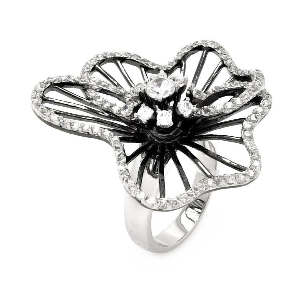 Black Rhodium Plated Sterling Silver 925 Clear CZ Wavy Flower Ring Sizes 5-9